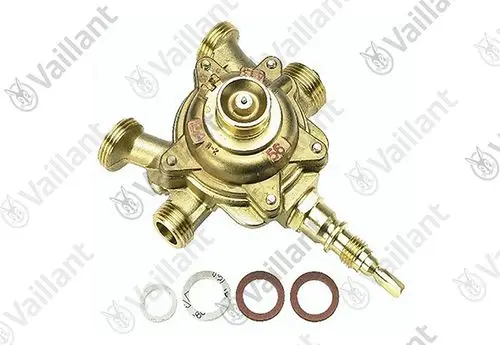 Goldfarbener Vaillant Wasserschalter mit mehreren Anschlüssen, begleitet von Dichtungen. Kunststoffteil mit gewindeförmigem Ende zur Wassersteuerung in Heizsystemen.